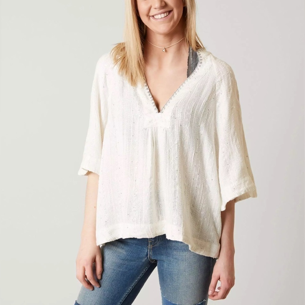 Free People Get Over It Top Bell Sleeve Sequins Metallic Boho Ivory blouse Small